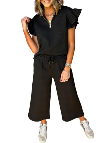 2 Piece Sets Outfits for Women V Neck Collared Ruffle Short Sleeve Polo Shirts Quarter Zip Pullover Tops Lounge Set