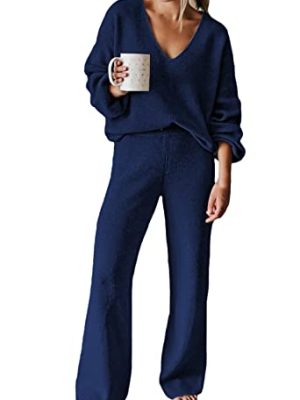 Women's 2 Piece Outfits V Neck Long Sleeve Sweater Pullover Top Wide Leg Pants Sweatsuit Lounge Sets