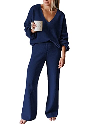 Women's 2 Piece Outfits V Neck Long Sleeve Sweater Pullover Top Wide Leg Pants Sweatsuit Lounge Sets