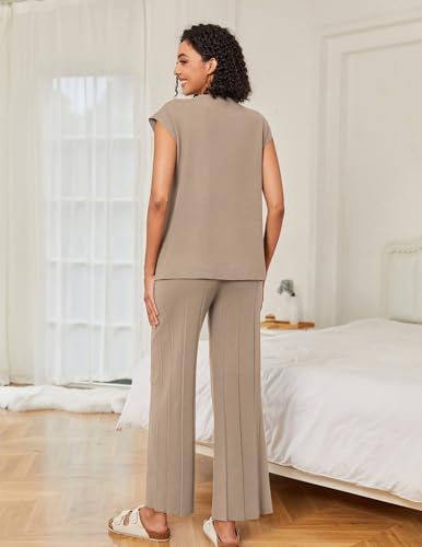 Lounge Sets for Women Two Piece Outfits Knit Cap Sleeve Tops Wide Leg Pleated Pants Casual Dressy Sweater Sets