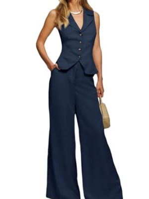 Womens Vest Sets Summer 2 Piece Outfits Button Crop Blazer Vest and Wide Leg Pant Suits