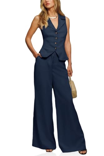Womens Vest Sets Summer 2 Piece Outfits Button Crop Blazer Vest and Wide Leg Pant Suits