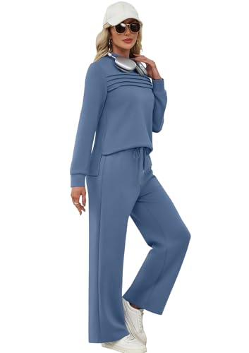 Two Piece Sets for Women Fall Travel Vacation Outfits Long Sleeve Lounge Sets Side Slit Wide Leg Pants S-3XL
