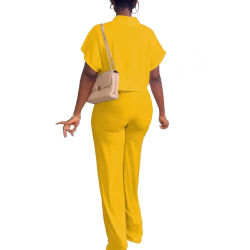 Women's Summer 2 Piece Outfits Casual Tracksuit Short Sleeve Button Down Crop Top Wide Leg Long Pant Lounge Sets