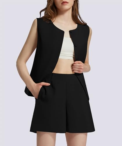 Women's Summer 2 Piece Outfits High Waisted Short Sets Crewneck Button Down Vest Business Work Blazer Suit