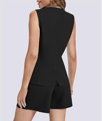 Women's Summer 2 Piece Outfits High Waisted Short Sets Crewneck Button Down Vest Business Work Blazer Suit