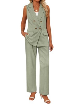 Women Suits 2 Piece Sets Button Lapel V Neck Sleeveless Blazer Vest and Wide Leg Pants Suit Matching Outfits
