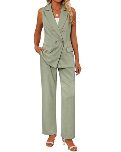 Women Suits 2 Piece Sets Button Lapel V Neck Sleeveless Blazer Vest and Wide Leg Pants Suit Matching Outfits