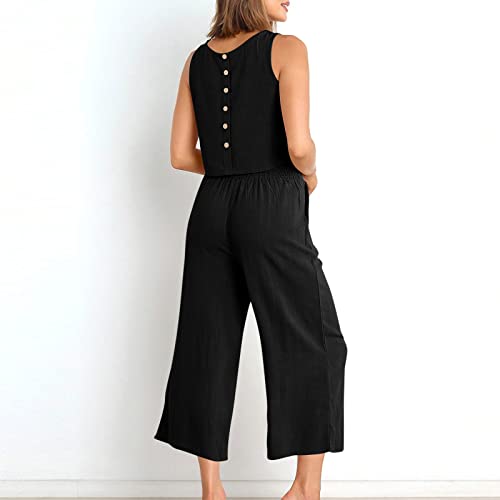 Two Piece Linen Sets for Women Pants Casual Dressy Outfit Sleeveless Crop Tank Wide Leg Pants Sets Matching Loungewear