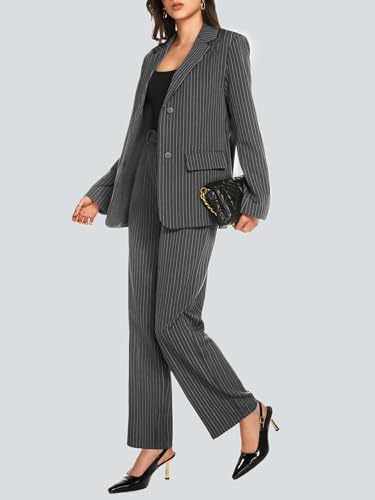 Women's 2 Piece Pant Suit Business Casual Outfits Striped Notched Collar Blazer Wide Leg Pants Sets