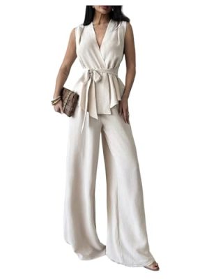 Women's Suit Pants Set 2 Piece Summer Outfit Wrap V Neck Belted Top and Pants Business Casual Clothes