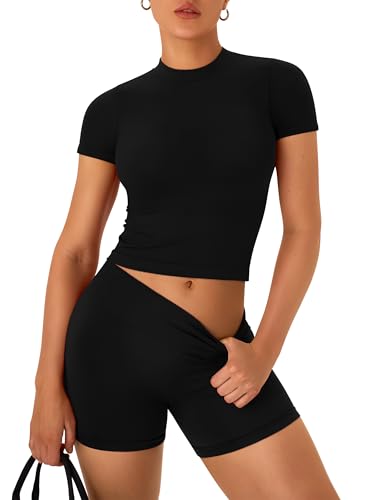 Womens Workout Sets 2 Piece Seamless Summer Outfits Scrunch Butt Shorts Crew Neck T-shirt Matching Clothing Set