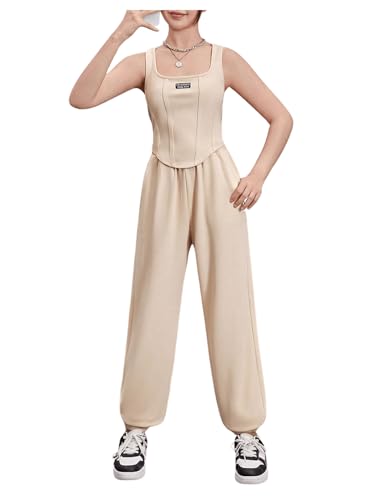 Girl's Letter Patchwork Asymmetrical Hem Crop Tank Tops & Waist Sweatpants 2 Piece Workout Sets