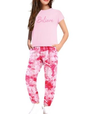 Girls Clothes 2 Piece Summer Outfits Drop Shoulder Top Pullover Sweatpants Jogger Set Sweatsuits Tracksuits 6-14Y