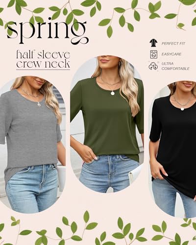 3 Pcs Womens Half Sleeve Top Elbow Length T Shirt Women Round Neck Basic T Shirt Summer Casual Blouses