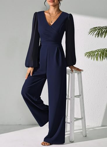 Jumpsuits for Women Dressy Patchwork Chiffon Sleeve V Neck Wide Leg Romper One Piece Trendy Outfits