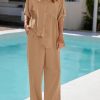 Two Piece Sets for Women Summer Outfits 2025 Dressy Casual Half Sleeve Button Down Shirt Wide Leg Pants Lounge Set