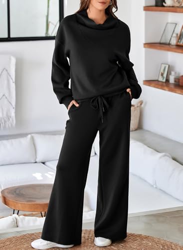 Women's 2 Piece Outfits Lounge Set Mock Neck Long Sleeve Sweatshirt With Wide Leg Pants Sweatsuit Fall 2025