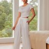 Ekouaer Women's 2 Piece Lounge Sets Short Sleeve Pajama Set Ribbed Knit Crop Top Wide Leg Pants Loungewear S-XXL