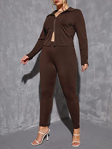 ROSHD Women's Plus Size Clothing Sets Fall Clothin Plus Zip Up Top & Leggings Autumn/Winter Clothing ROSHD (Color : Chocolate