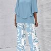 Women's 2 Piece Outfits Green 3/4 Sleeve Double Layer Top and Leaf Print Straight Leg Pants Lounge Set 2025 Trendy