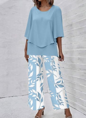 Women's 2 Piece Outfits Green 3/4 Sleeve Double Layer Top and Leaf Print Straight Leg Pants Lounge Set 2025 Trendy