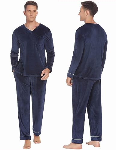 Couples Matching Pajamas Sets Velvet PJs Set for Men and Women Velour Long Sleeve Sleepwear S-XXL Navy