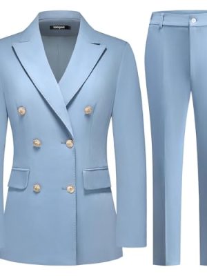 Women Pants Suit Double Breasted 2 Piece Blazer Set Work Casual Jacket Outfits for Business