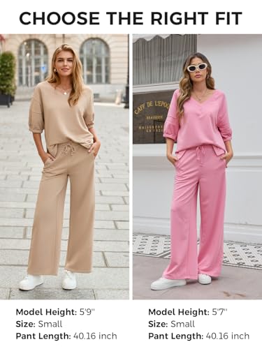 Womens 2 Piece Outfits Casual V Neck Shirts Wide Leg Running Long Pants Loose Workout Tracksuit Sets
