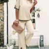 Womens 2 Piece Outfits Summer Sweater Sets Short Sleeve Knit Pullover Tops Wide Leg Pants Lounge Sets Tracksuits