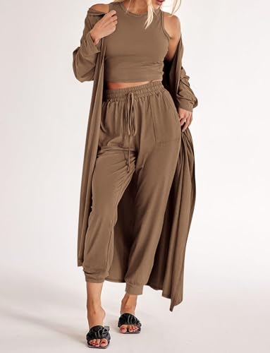 3 Piece Lounge Sets for Women Airplane Travel Outfits 2025 Fall Cardigan Sleeveless Top Pants Sets Matching Clothing
