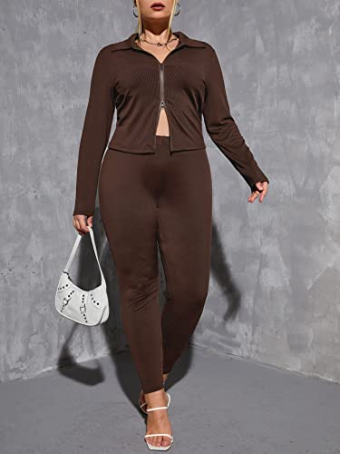 ROSHD Women's Plus Size Clothing Sets Fall Clothin Plus Zip Up Top & Leggings Autumn/Winter Clothing ROSHD (Color : Chocolate