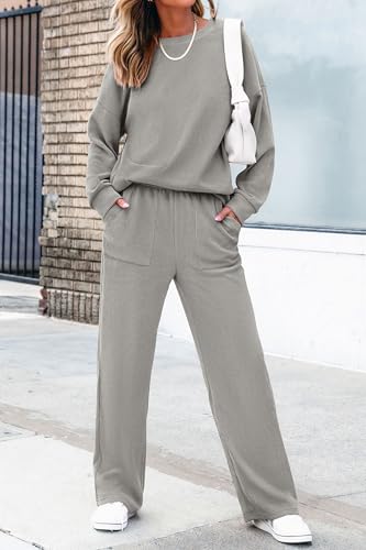 Women's 2 Piece Outfits 2024 Winter Fashion Tracksuits Long Sleeve Pullover Tops Straight Leg Pants Lounge Sets