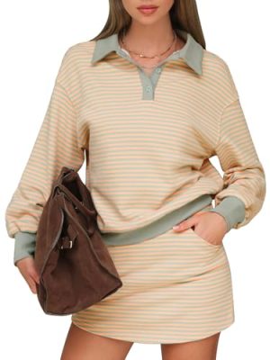 Women Fall Two Piece Sets Cotton Striped Set Sweatshirt Matching Skort Skirt Sweatsuits Workout Tracksuit Outfits 2025