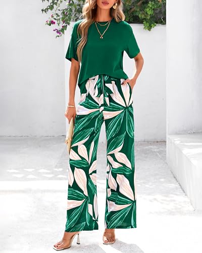 Women Summer 2 Piece Outfits 2025 Short Sleeve Knit Top Floral Print Belted Wide Leg Pant Sets With Pockets