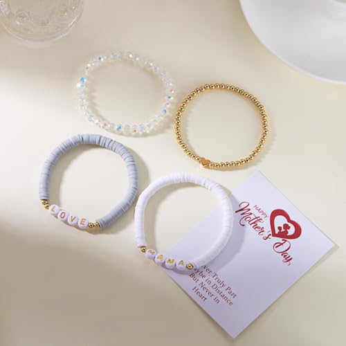 Mama Bracelets for Women Multilayer Polymer Clay Heishi Beaded Stackable Bracelets Set Boho Summer Beach Jewelry Mother's Day