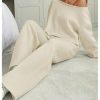 Women's 2 Piece Outfits Fall Sweatsuits Off The Shoulder Crop Top Wide Leg Sweatpants Casual Matching Lounge Sets Pure Apricot