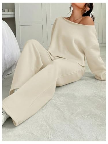 Women's 2 Piece Outfits Fall Sweatsuits Off The Shoulder Crop Top Wide Leg Sweatpants Casual Matching Lounge Sets Pure Apricot