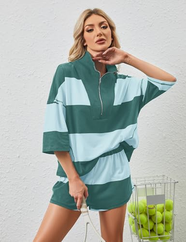 Womens 2 Piece Lounge Set Stripe Half Sleeve Oversized Shirts Shorts Summer Two Piece Workout Sets
