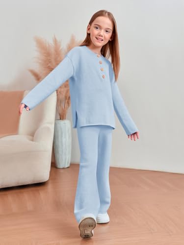 Girls 2 Piece Outfit Set Long Sleeve Button Knit Pullover Sweater Top and Wide Leg Pants Sweatsuit 5-14 Years