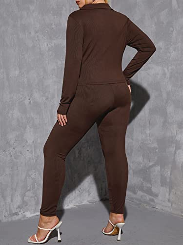 ROSHD Women's Plus Size Clothing Sets Fall Clothin Plus Zip Up Top & Leggings Autumn/Winter Clothing ROSHD (Color : Chocolate
