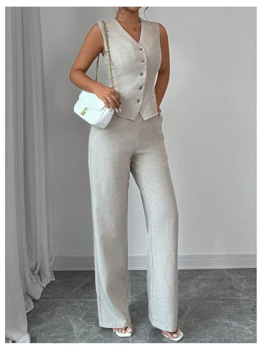 Women's 2 Piece Outfits V Neck Button Down Vest Tops and High Waisted Pants Set Office Work Suit