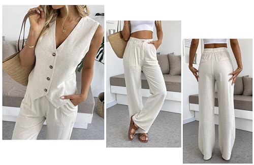 Women's 2 Piece Outfits Linen Vest Waistcoat Dressy Casual Sets Wide Leg Pants Suits