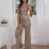 Women Suiting 2 Piece Outfits Knit Set Sleeveless Button Down Vest Wide Leg Pants Lounge Sets