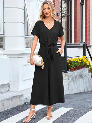 Women's Summer 2 Piece Outfits Cap Sleeve V Neck Belted Crop Tops Cropped Wide Leg Pants Sets Casual Travel Set