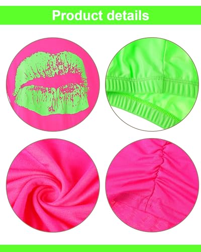 80s Women Costume Set, Lips Print off Shoulder T-shirt, Geometric Legging Pants Earring Necklace Gloves Bracelet