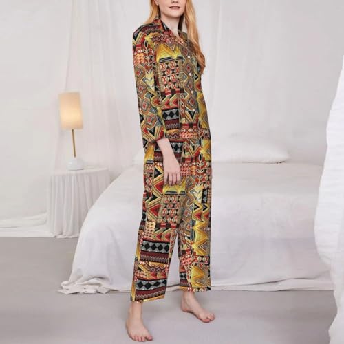 African Textile Patchwork Print Soft Button Top With Pants Fall Pajamasï¼ŒChic Women'S Long-Sleeved Pajama Set