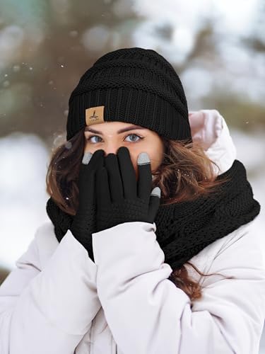 Warm Fleece Knit Winter Hat, Scarf & Touch Screen Gloves Set - Unisex Adult Winter Gifts