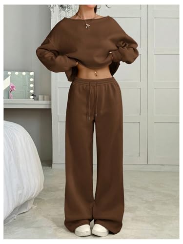 Women's 2 Piece Outfits Fall Sweatsuits Off The Shoulder Crop Top Wide Leg Sweatpants Casual Matching Lounge Sets