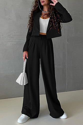 Women's 2 Piece Casual Outfits Cropped Blazer Jackets High Waisted Wide Leg Work Pants Suit Set